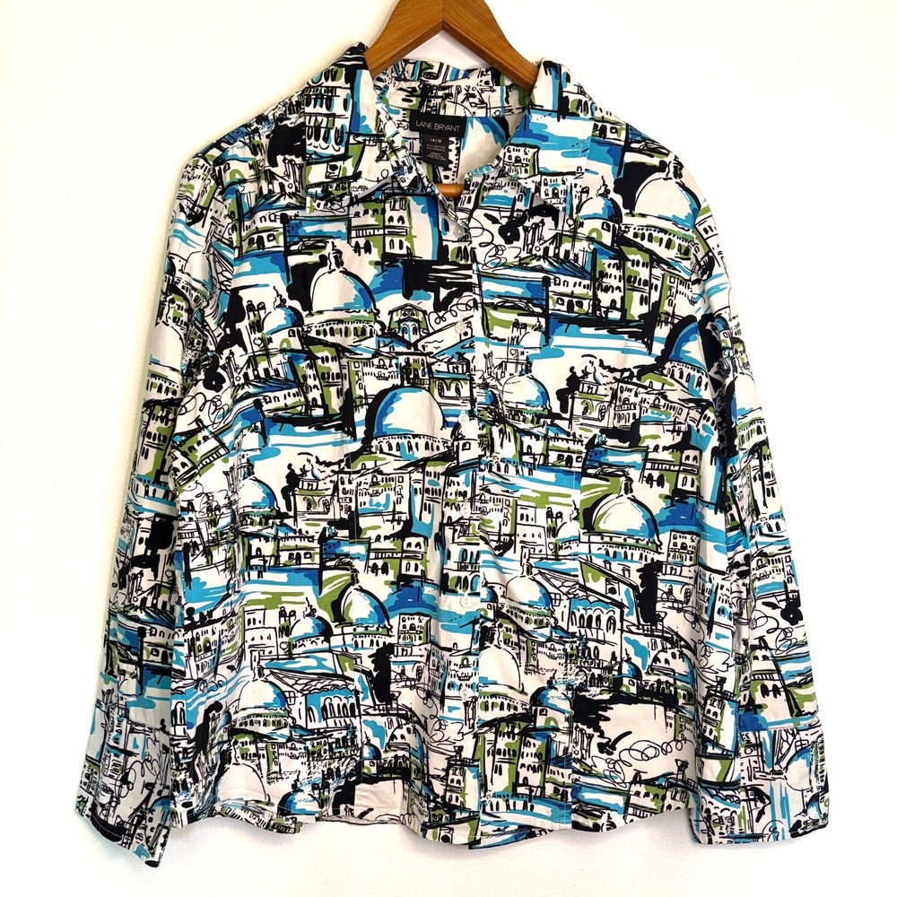 Lane Bryant Women's Button Blouse,‎ White/Blues/Greens, Size 14/16
